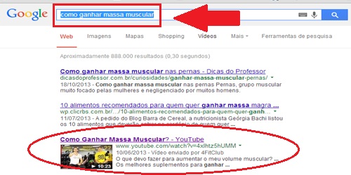 Pesquisa orgânica do Google busca vídeos do youtube..